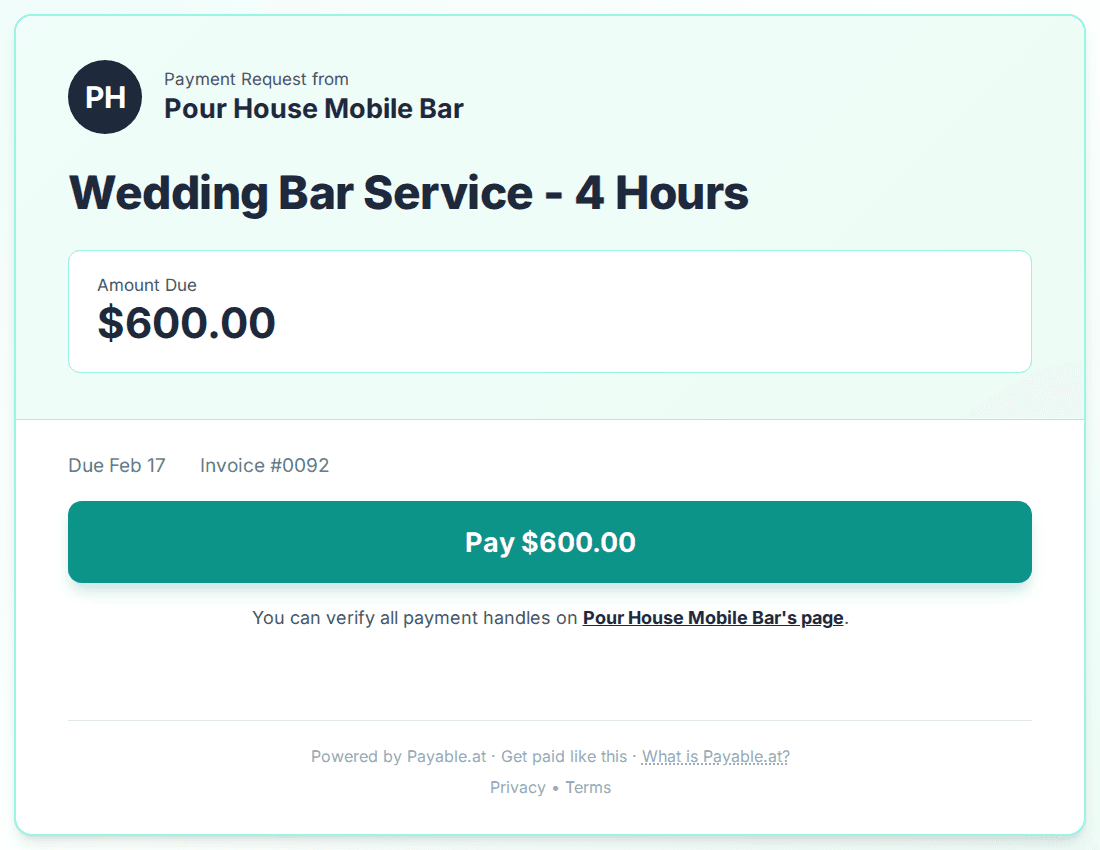 Payment reminder software for mobile bartenders