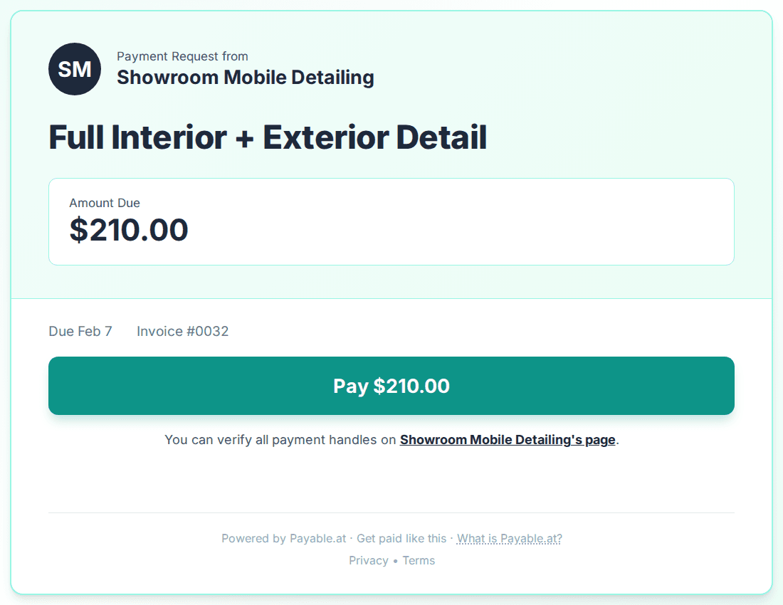 Payment reminder software for mobile car detailers