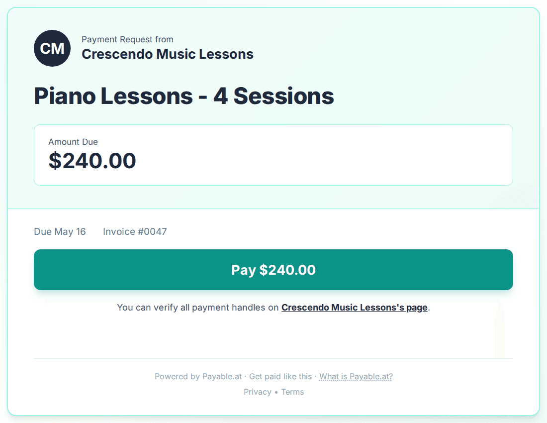 Payment reminder software for music teachers