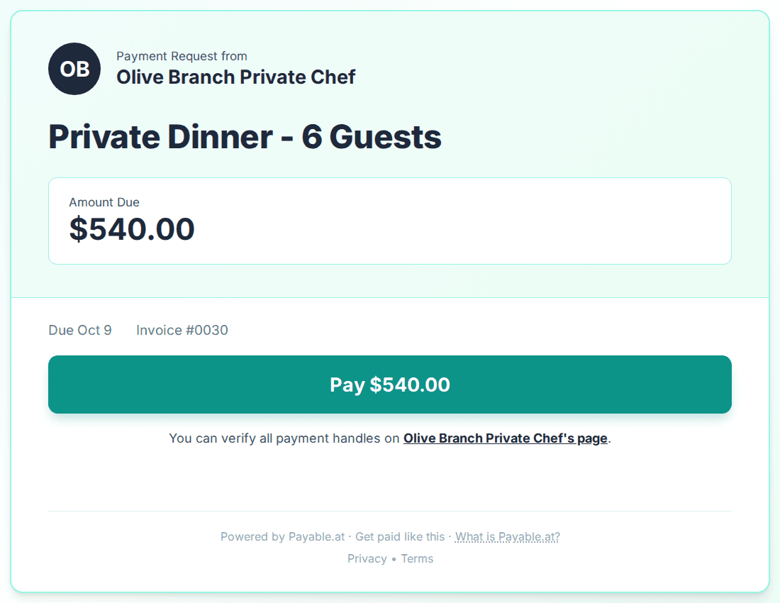 Payment reminder software for personal chefs