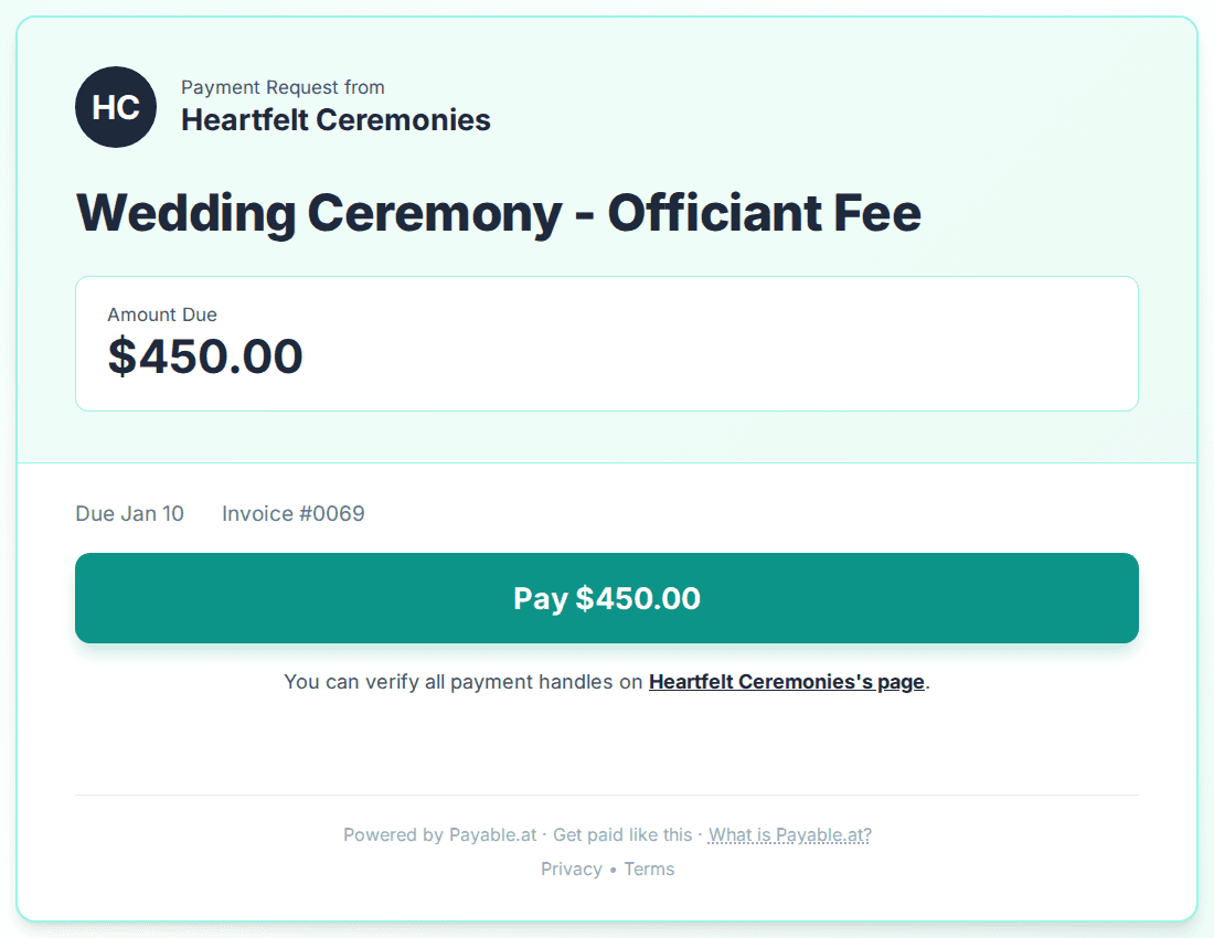 Payment reminder software for wedding officiants